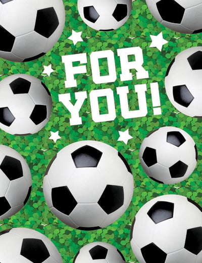 birthday card featuring photo real soccer balls on green background.