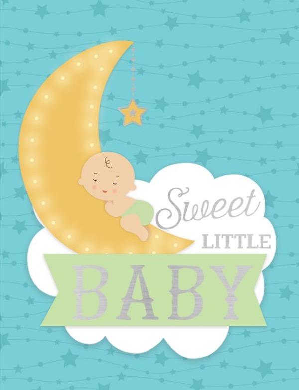 gift enclosure card featuring an illustration of a baby on a moon on teal background with stars.