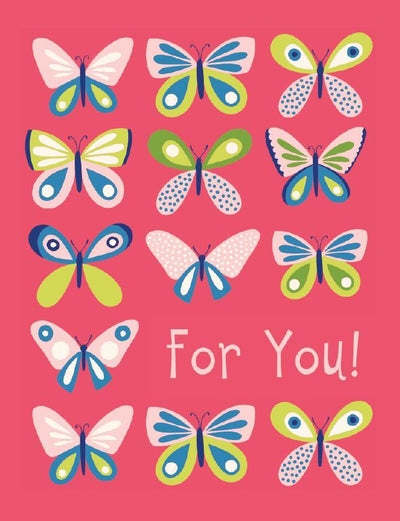 gift enclosure card featuring illustrated butterflies  on a dark pink background.