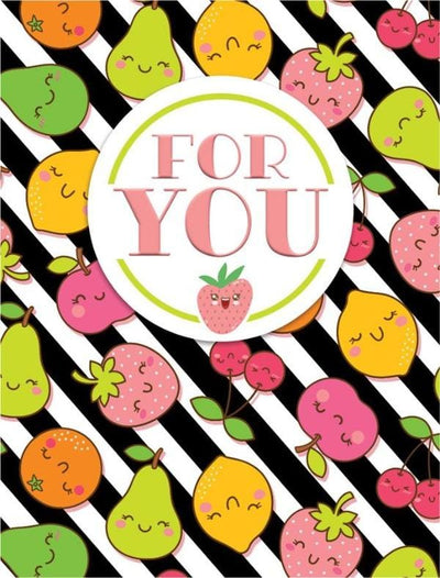 gift enclosure card featuring cute fruit illustrations on a black and white striped background.