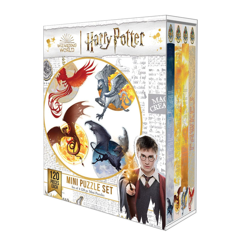 Harry Potter puzzles shown in package on an angle featuring Harry Potter, Thestral, Fawkes, Hippogriff and Hungarian Horntail.