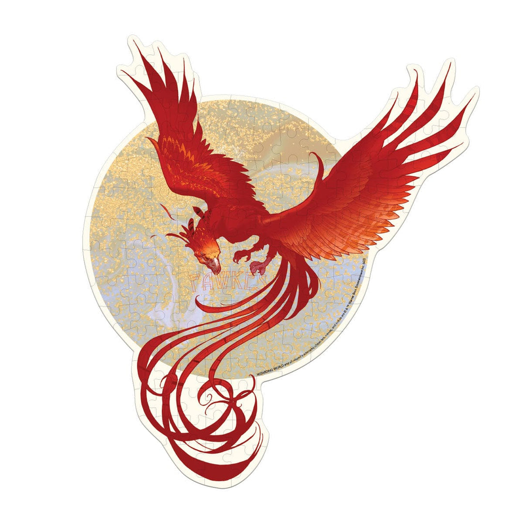Harry Potter puzzle featuring  a diecut Fawkes jigsaw puzzle shown on a white background.