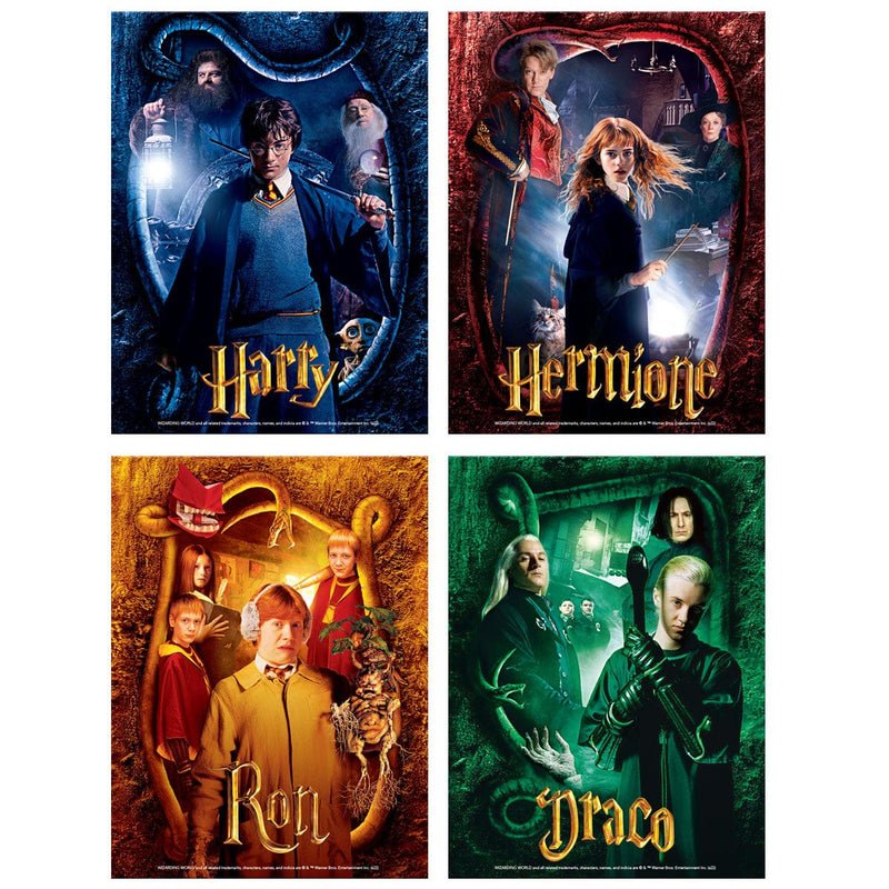 Four colorful Harry Potter puzzles are shown featuring Harry, Hermione, Ron and Draco shown on a white background.