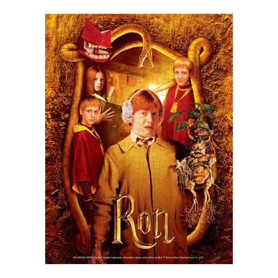 This jigsaw puzzle features a golden themed Ron from the Harry Potter puzzles set shown on a white background.