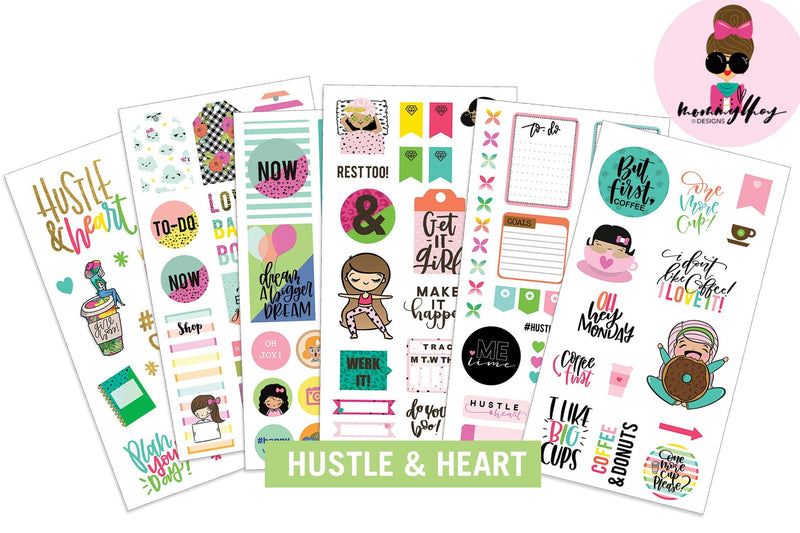 six planner sticker sheets featuring mommy lhey hustle and heart designs