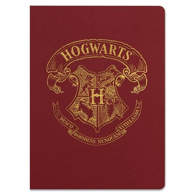 Hogwarts Crest Softcover Harry Potter journal notebook image shows cover featuring a gold illustration of the crest on a solid red background.