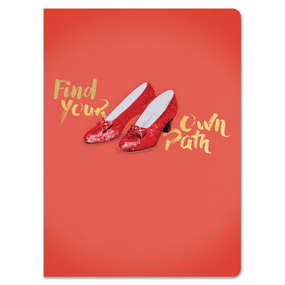 Ruby Slippers Softcover journal notebook image shows cover featuring ruby slippers and "Find your own path" gold words on a red background.