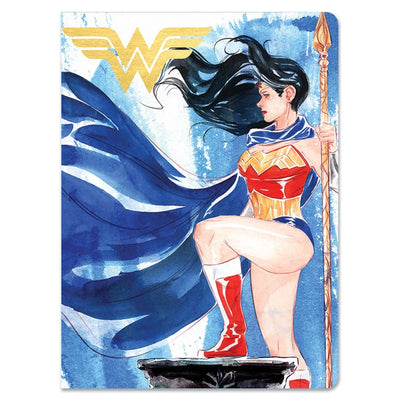 journal notebook featuring a watercolor illustration of Wonder Woman with gold logo, shown on white background.