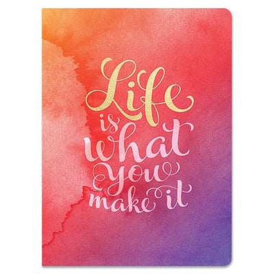 Journal notebook cover image features the words "Life is What you Make It" in gold and white on an orange/purple watercolor background.