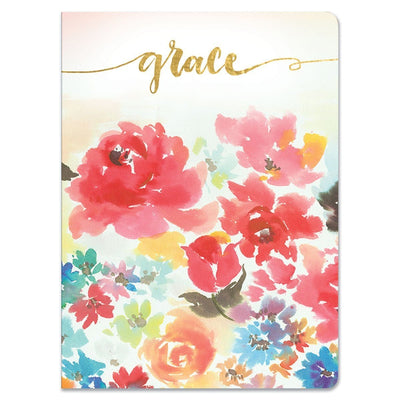 Live by Grace softcover journal notebook image shows cover featuring the word "grace" in gold foil on a colorful floral background.