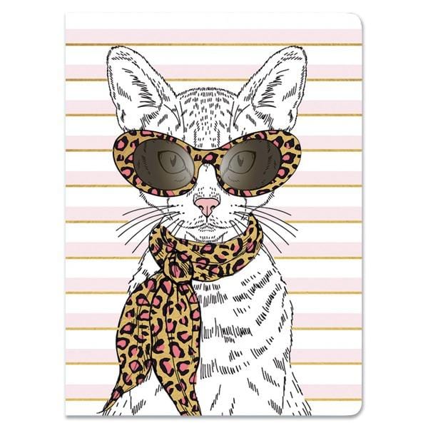 Fashion Cat Softcover journal notebook image shows cover featuring an illustrated cat in glasses and leopard pring on a striped background.