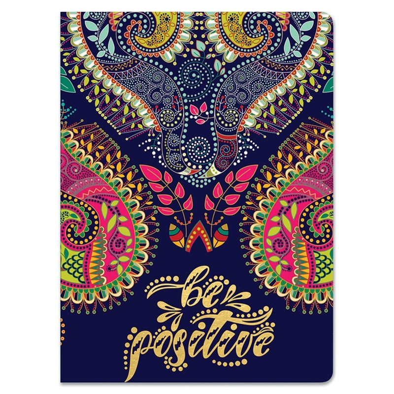 Navy Paisley Dream Big softcover journal notebook image shows cover featuring a colorful paisley pattern on a navy background with "Be Positive" gold foil words.