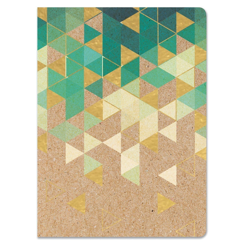 Krafted Green Softcover journal notebook image shows cover featuring green and gold geometric pattern on a kraft background.