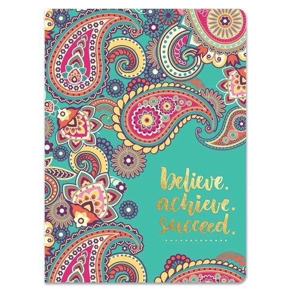 Softcover journal notebook image shows cover featuring colorful paisley design on teal background with "believe. achieve. succeed." words in gold foil.