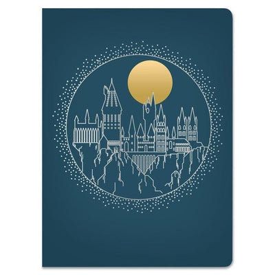 Hogwarts Softcover journal notebook image shows cover featuring illustration of castle in white with large gold moon.