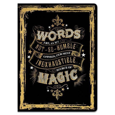 Magic Softcover journal notebook image shows cover featuring gold and white words on black background.