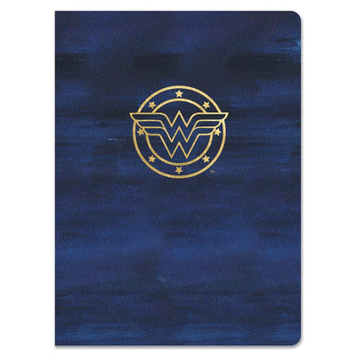 journal notebook featuring a gold Wonder Woman logo on a navy blue background, shown on white background.