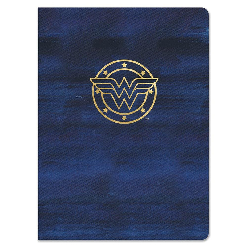 journal notebook featuring a gold Wonder Woman logo on a navy blue background, shown on white background.