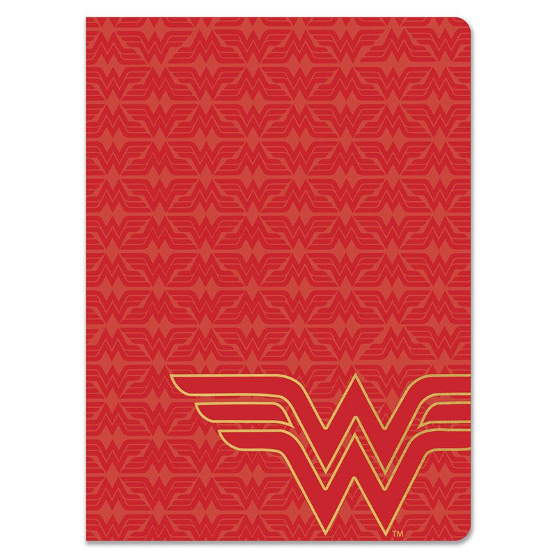 journal notebook featuring large gold Wonder Woman logo on a red pattern of smaller logos, shown on white background.