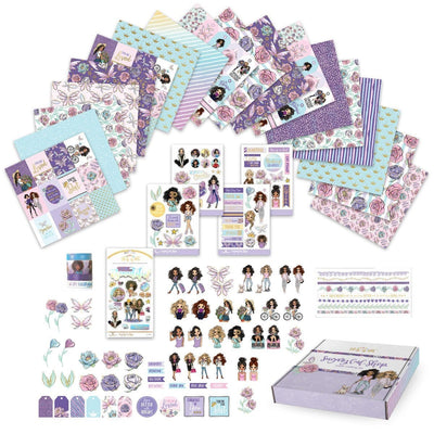 craft kit includes papers, stickers and washi tape. Multiple designs feature ethnially diverse women, inspirational text, lavender teal, pink and gold foil.
