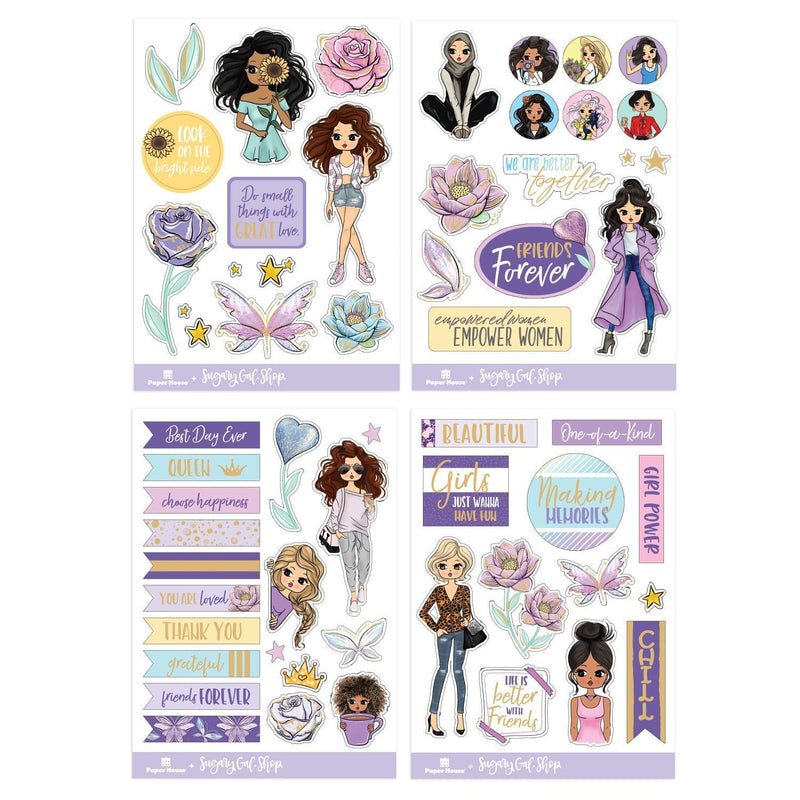 Multiple diecut stickers on one sheet. Features ethnically diverse women, tags, inspirational words and florals. Purples, blues, pinks and gold foil.