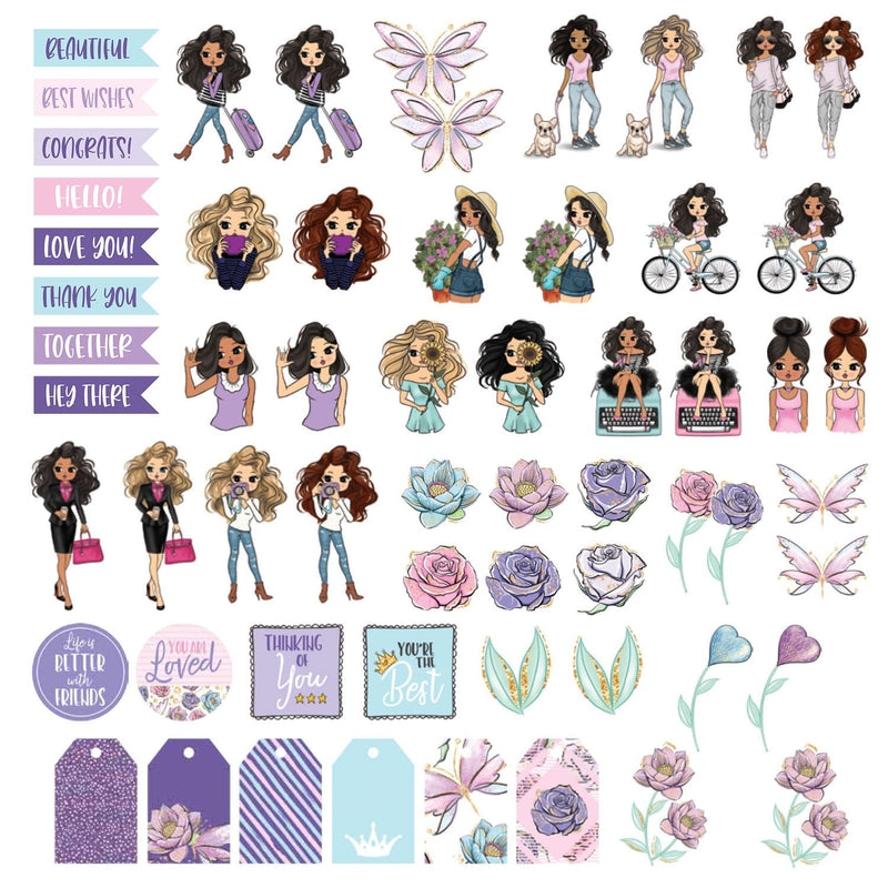 Multiple diecut stickers on one sheet. Features ethnically diverse women, tags, inspirational words and florals. Purples, blues, pinks and gold foil.