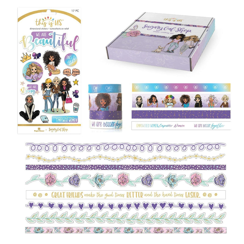 Craft kit package shown with 3D sticker sheet, washi tape and diecut borders featuring gold foil, ethnically diverse women and florals.