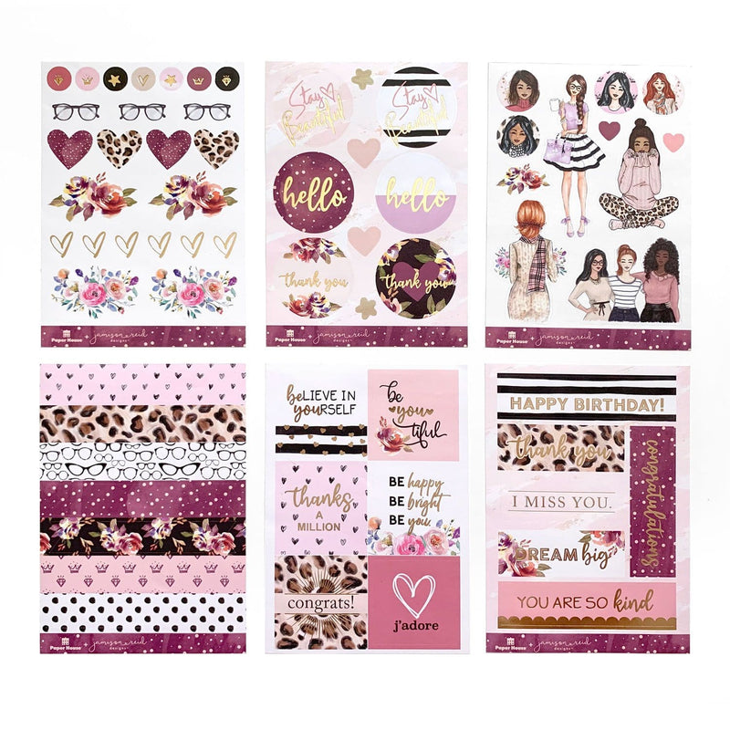 Six diecut sticker sheets feature multiple patterns, inspirational words, ethnically diverse women, hearts, florals, pinks, burgundy and gold foil.