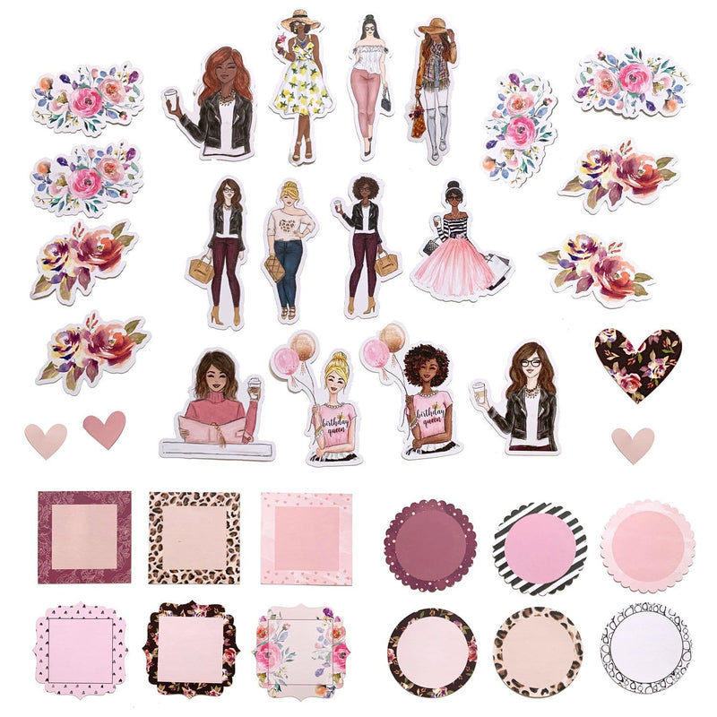 Assortment of diecut stickers featuring florals, hearts, ethnically diverse women, and square and round tags with patterned borders.