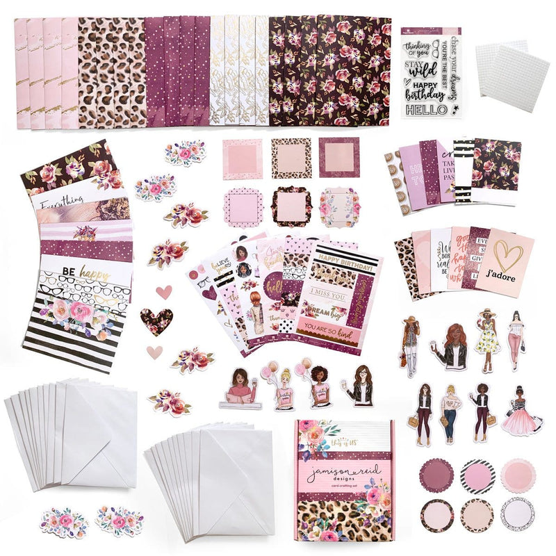 Craft kit for adults featuring cards, stamps, envelopes, tags, stickers, and diecuts. Ethnically diverse women, florals, patterns, cheetah prints and inspirational words are included.