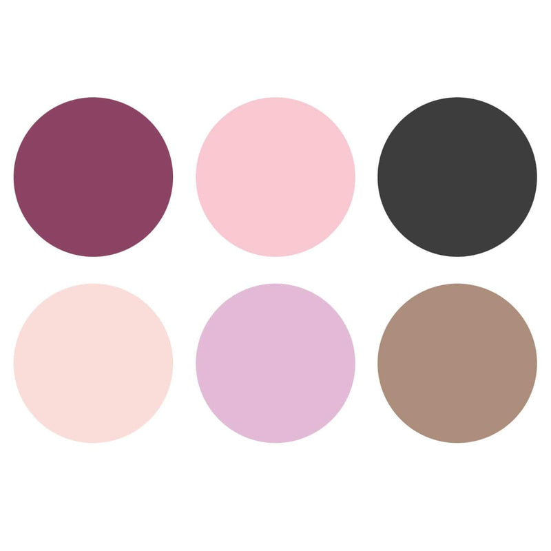 Burgundy, pink, black, beige, purple circles.