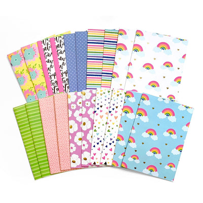 Two each of ten patterned, folded paper cards. Colorful florals, patterns, rainbows and gold foil are featured in this card making kit. 