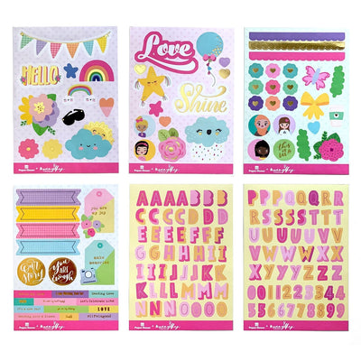 Six diecut sticker sheets feature colorful inspirational words, ethnically diverse women, florals, alphabet letters and numbers, and gold foil.