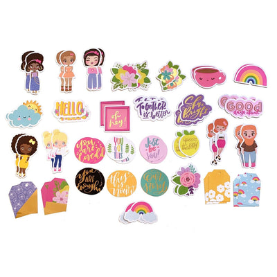 Two each of 30 colorful diecut stickers featuring ethnically diverse women, inspirational words, florals and gold foil.