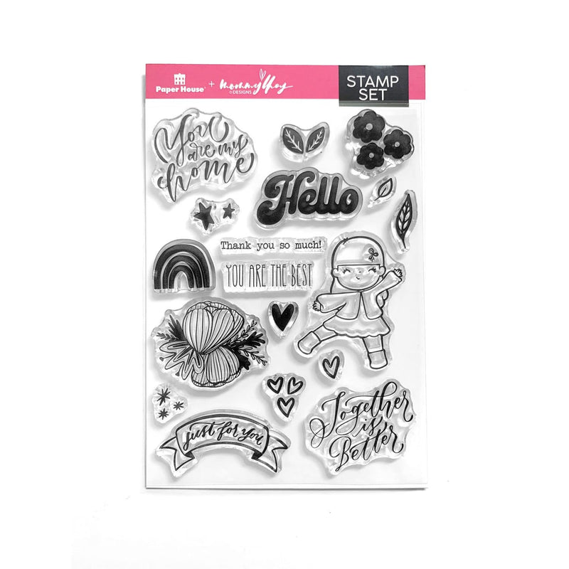 Stamp set shown in packaging. Eighteen stamps include You are my Home, Hello, Thank you so much, YOU ARE THE BEST, just for you, Together is Better, florals, hearts and rainbow stamps are included in this craft kit for adults.