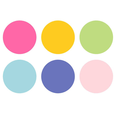 six large dots showing the bright colors of the Mommy Lhey card making kit: pink, yellow, green, light blue, purple, and pink.
