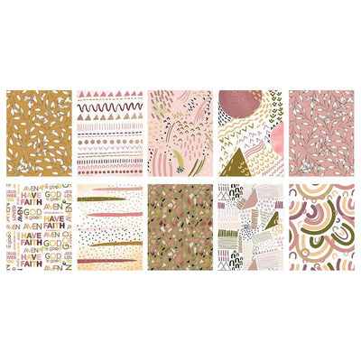 Ten patterned papers from the bible journaling craft kit feature soft, muted colors and gold details.