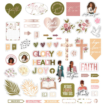 An assortment of die cut stickers from this bible journaling craft kit are displayed featuring patterns, illustrations and spiritual sayings depicted in beautiful soft, muted colors.