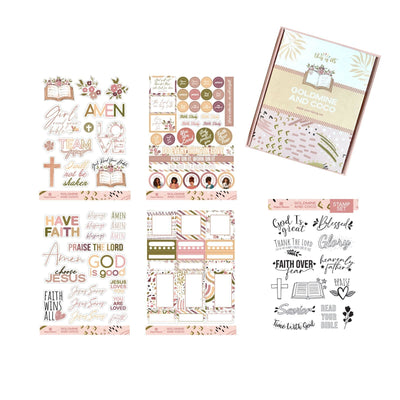 bible journaling craft kit shows closed package with four sticker sheets and one stamp set.