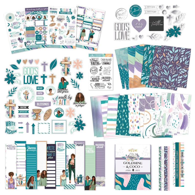 An assortment of craft kit components including papers, stickers and die cuts featuring teal and purple patterns, hearts, crosses and flowers.