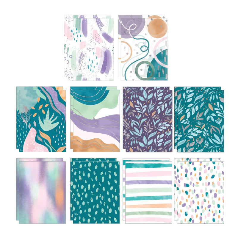 Ten rectangles, overlapping duplicate rectangles are shown on a white background featuring teal and purple craft kit designs.
