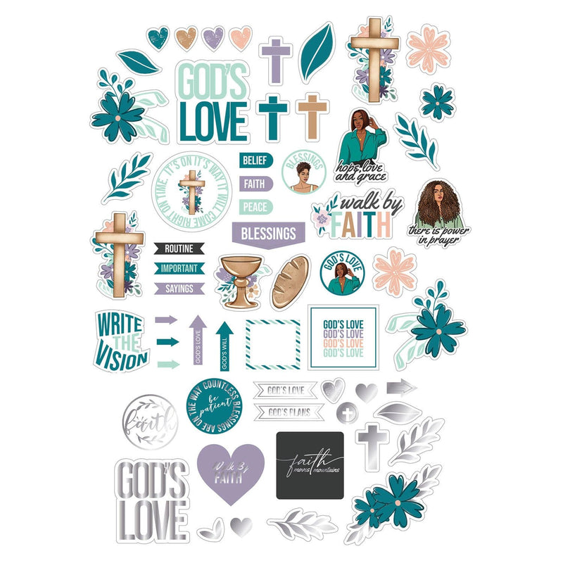 An assortment of craft kit die cuts are shown on a white background featuring teal and purple hearts, crosses, flowers and bible sentiments.