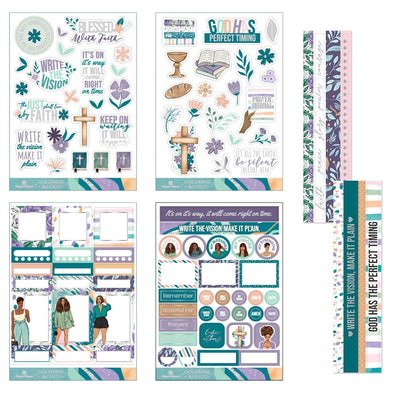 Four sheets of craft kit stickers and two sheets of borders are shown on a white background featuring teal and purple hearts, crosses, flowers and bible sentiments.