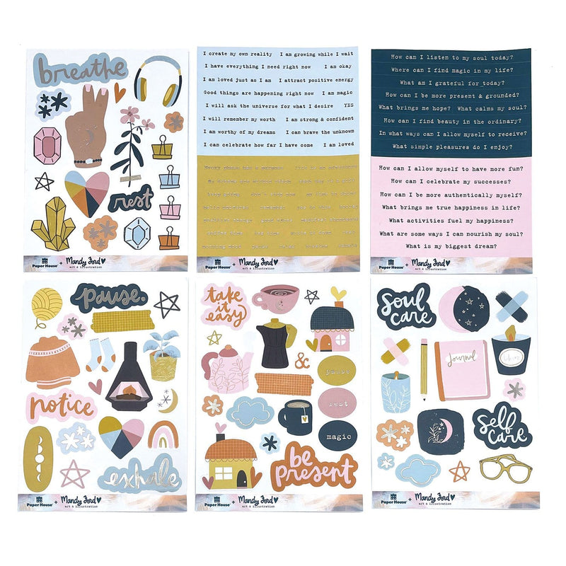 Six sheets of craft kit stickers are shown on a white background featuring navy, gold and pink illustrations and self care sentiments.