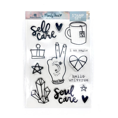 craft kit stamp set is shown in package featuring self care sentiments and illustrations.