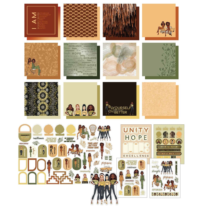An assortment of craft kit components including papers, stickers, tags and die cuts featuring sage, gold and rust patterns and illustrations.