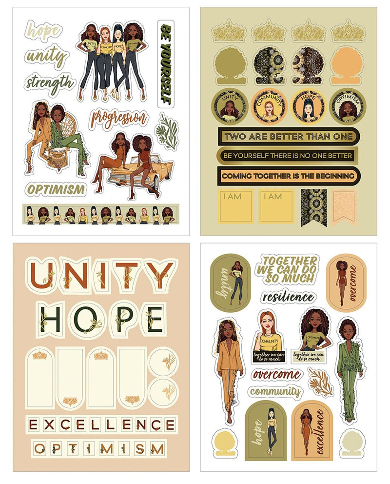 Four sheets of craft kit stickers are shown featuring sage, gold and rust illustrations with diverse women and inspirational sentiments.