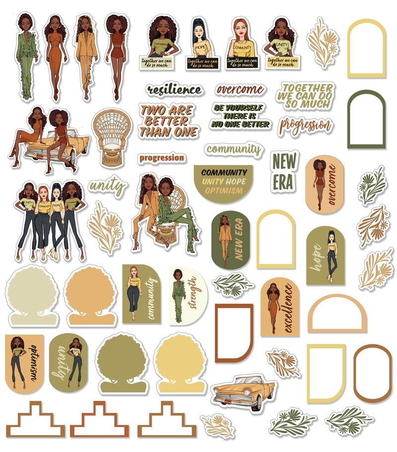 An assortment of craft kit die cuts shown on a white background featuring sage, gold and rust illustrations with diverse women, inspirational sentiments and tags.