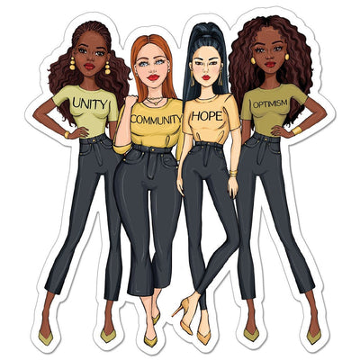craft kit diecut featuring an illustration of four women of diverse backgrounds standing side by side with words of inspiration on their shirts.