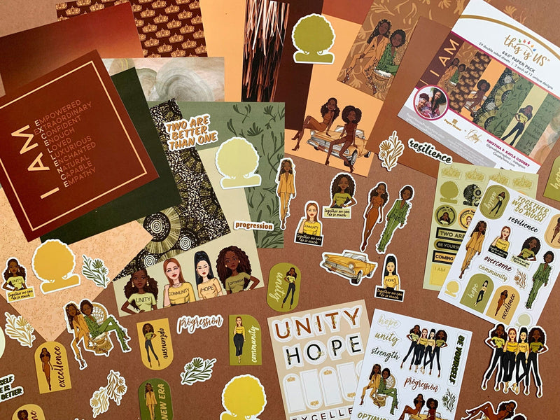 An assortment of craft kit components including papers, stickers, tags and die cuts featuring sage, gold and rust patterns and illustrations shown on a brown background.